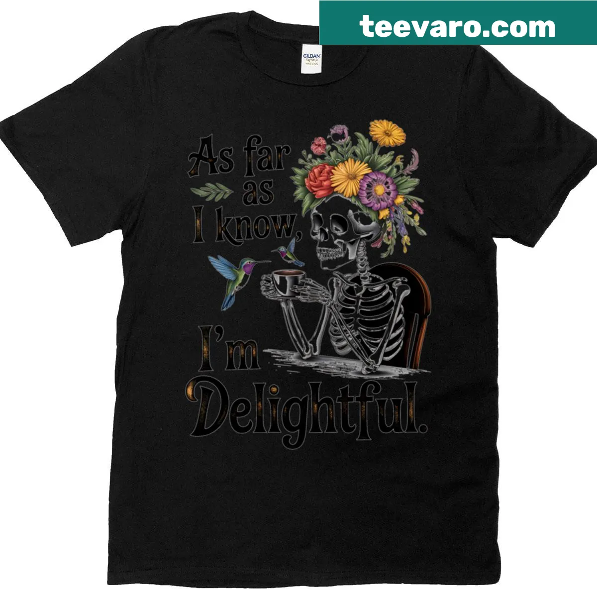 Whimsical skeleton T-shirt with floral design for a unique style — on a men's t-shirt