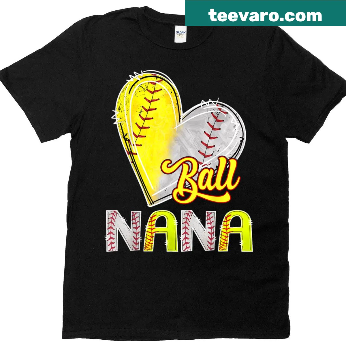 Graphic T-shirt featuring a heart with baseball and softball elements for grandmas — on a men's t-shirt