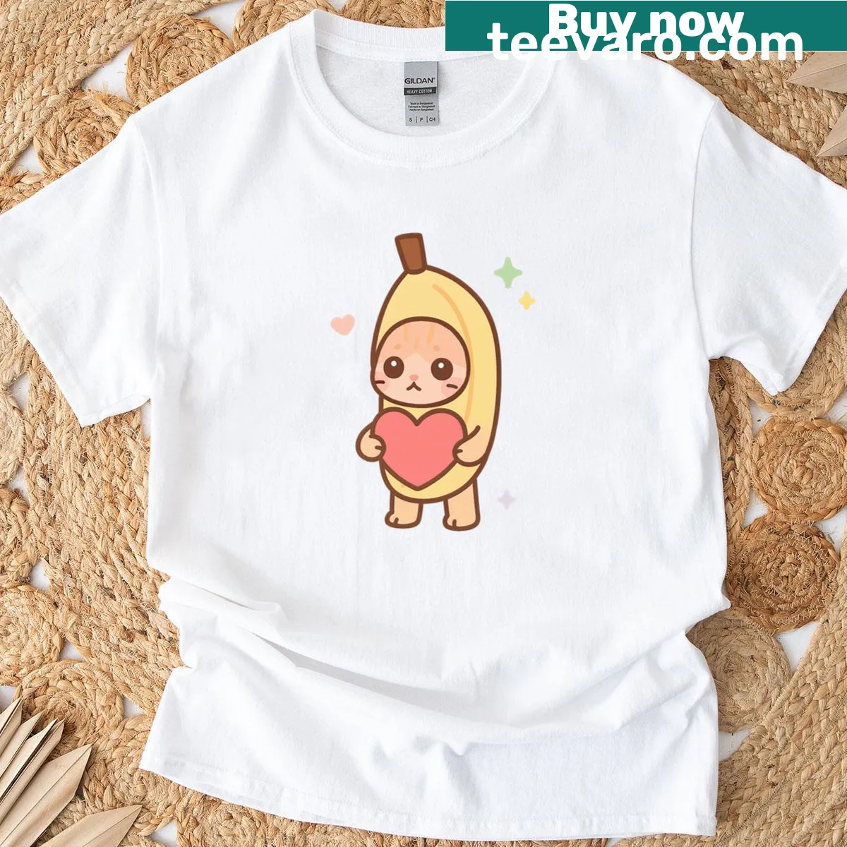 Cat holding a heart-shaped banana in a meme style graphic — on a men's t-shirt
