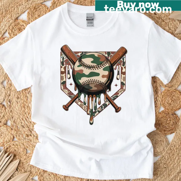 Cartoon baseball camo t-shirt with ice cream dripping design
