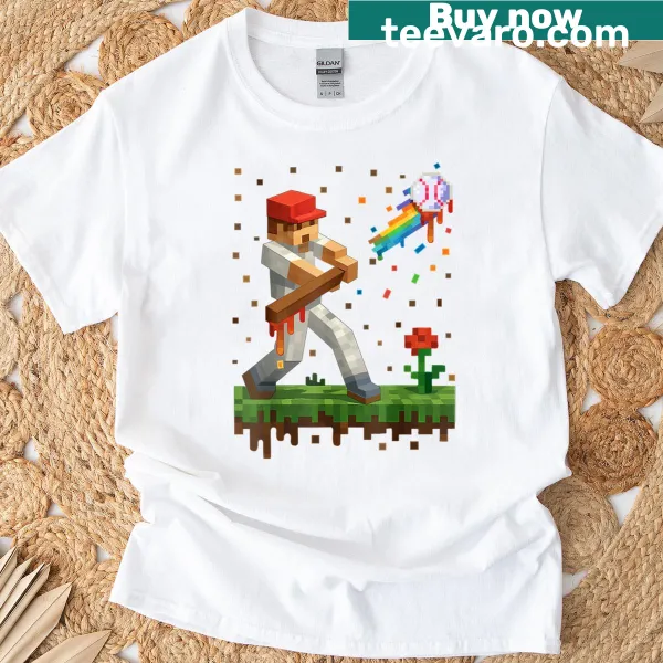 Colorful baseball player and ice cream cone illustration on t-shirt