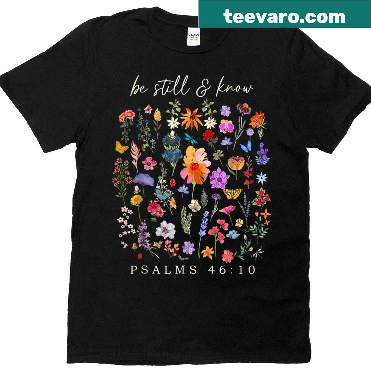 Christian T-shirt with floral design and inspirational text — on a men's t-shirt