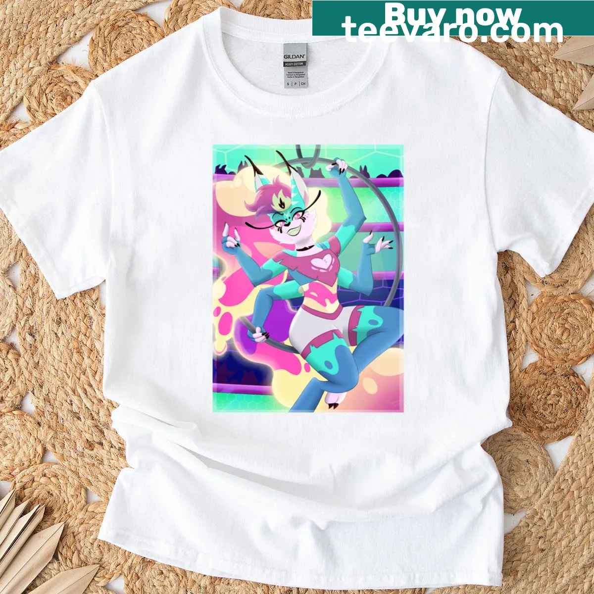 Neon Beelzebub graphic on a T-shirt — on a men's t-shirt