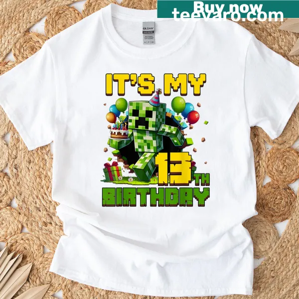 Cartoon graphic T-shirt celebrating a boy's 13th birthday with pixel art.