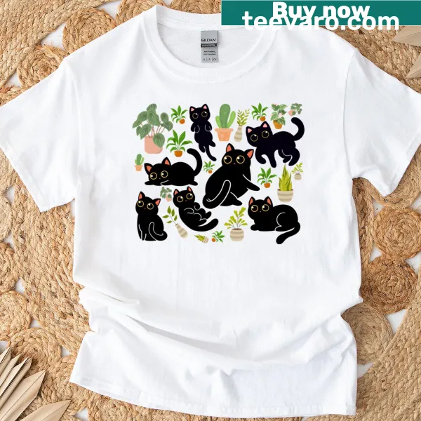Patterned shirt with black cats and houseplants design