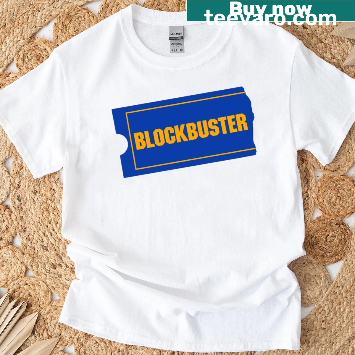 Retro Blockbuster logo graphic on a t-shirt — on a men's t-shirt