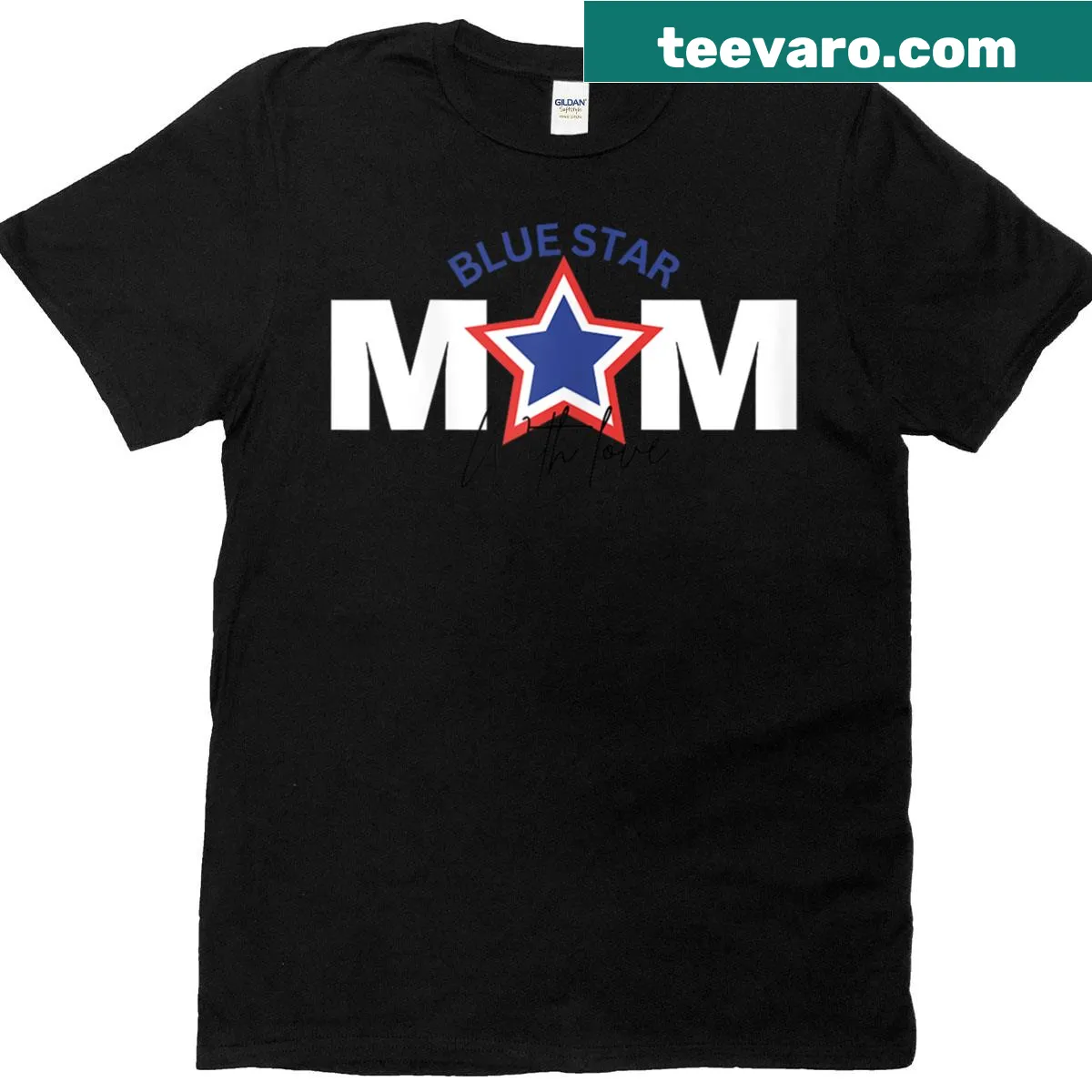 Blue star graphic representing military moms and families — on a men's t-shirt
