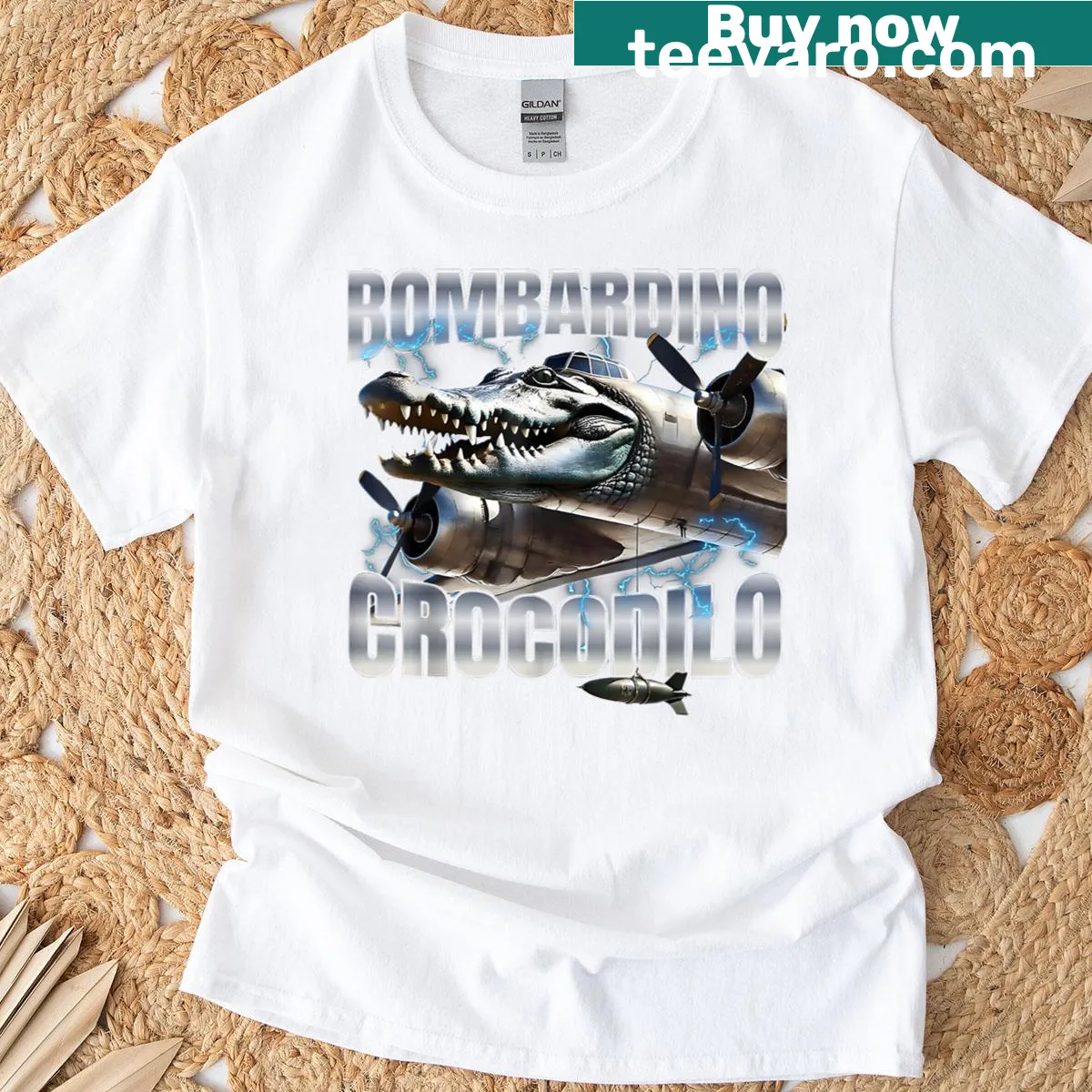 Cartoon crocodile bomber art on a t-shirt — on a men's t-shirt
