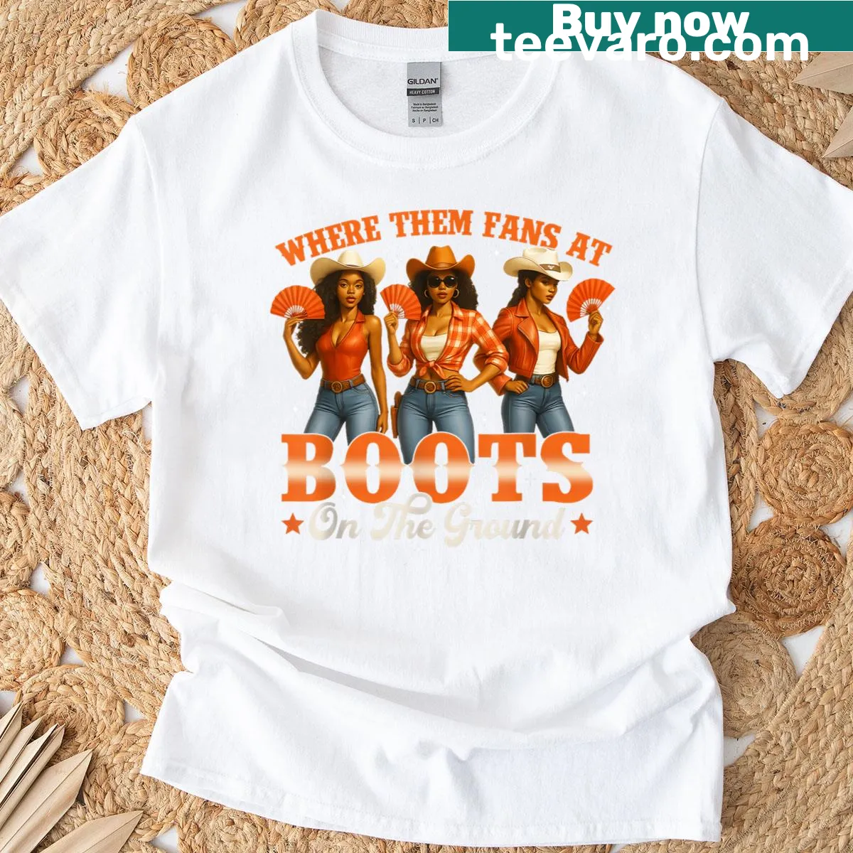 Playful cowgirl graphic with text 'Where Them Fans At' — on a men's t-shirt