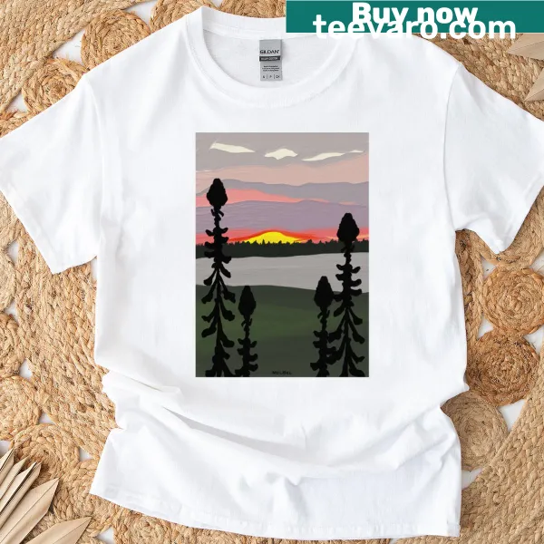 Serene illustration of a boreal river at sunset on a T-shirt