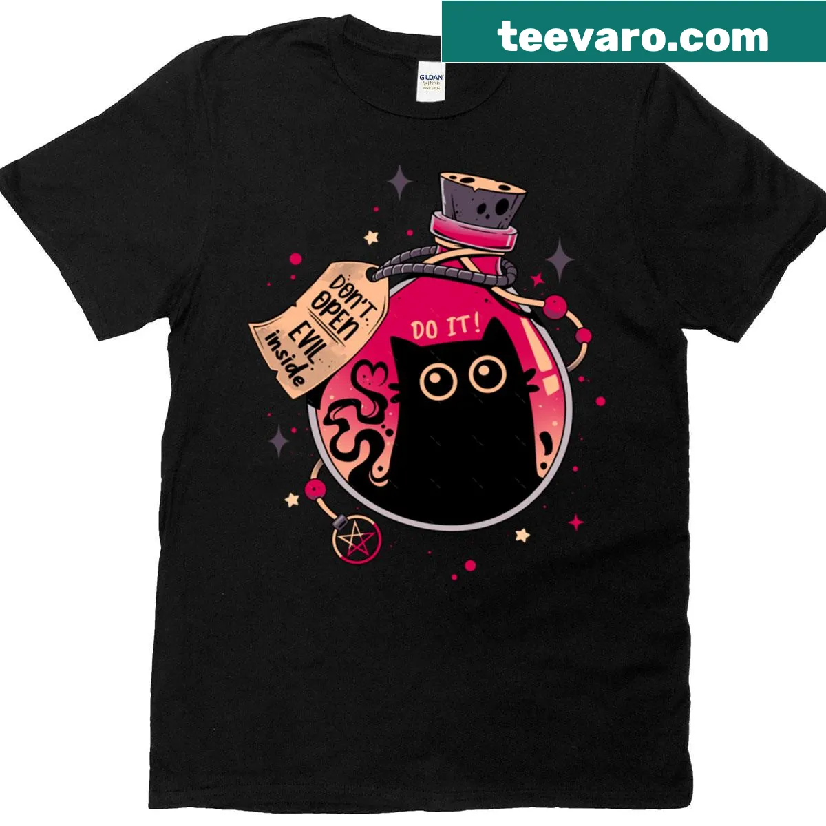 Illustration of a black cat in a bottle on T-shirt — on a men's t-shirt
