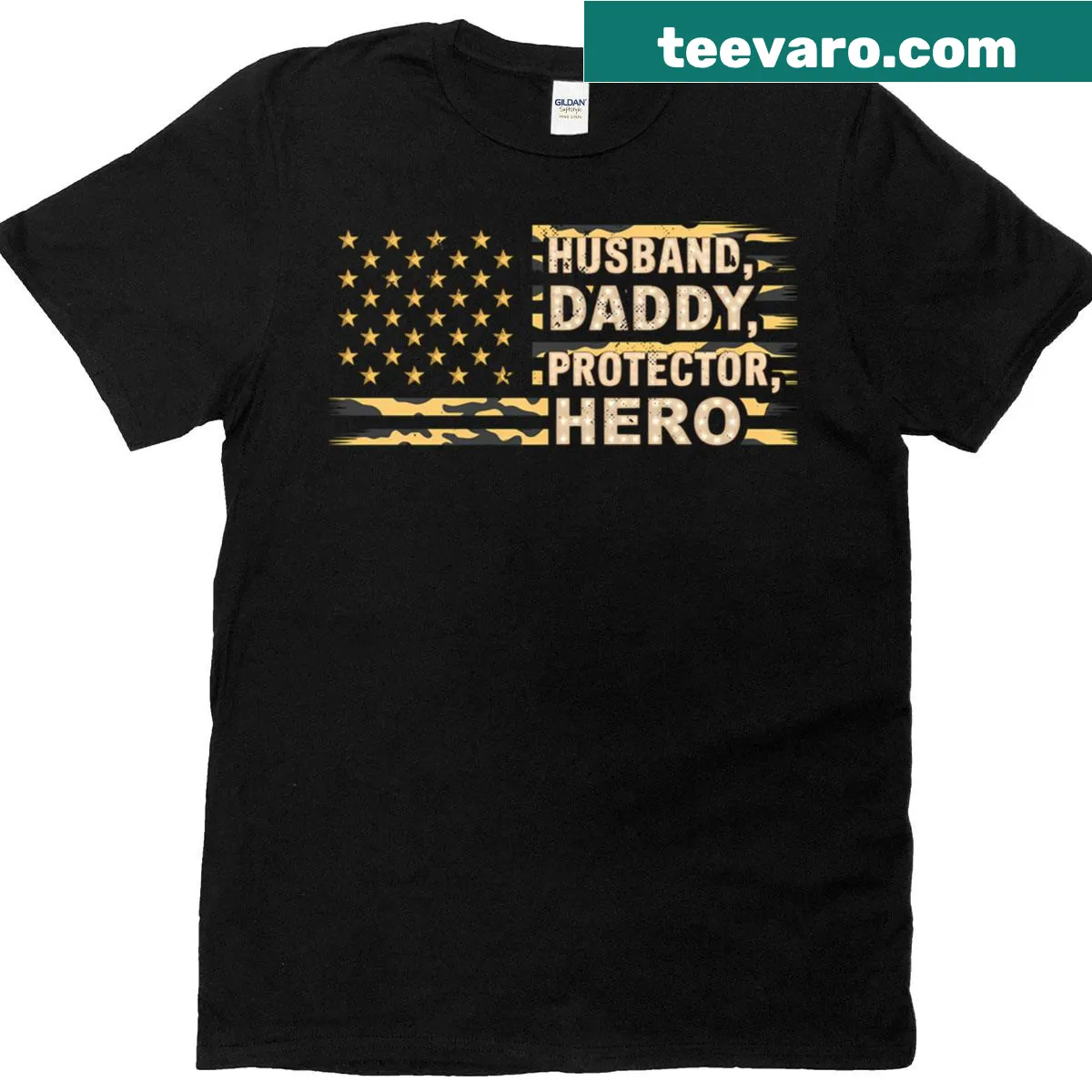 Camouflage US flag T-shirt for fathers, honoring fathers as protectors and heroes — on a men's t-shirt