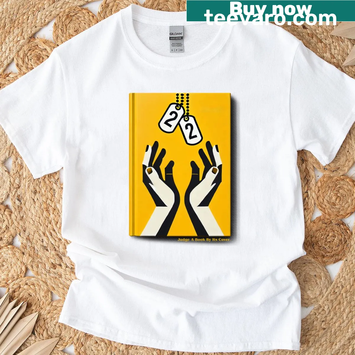 Playful typography design prompting a guessing game about books — on a men's t-shirt