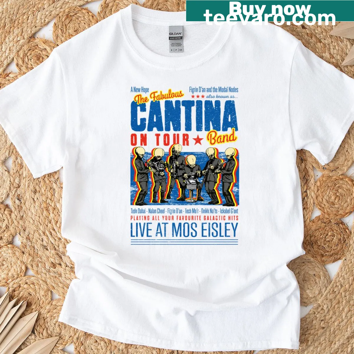 T-shirt featuring the Cantina Band Live At Mos Eisley design — on a men's t-shirt