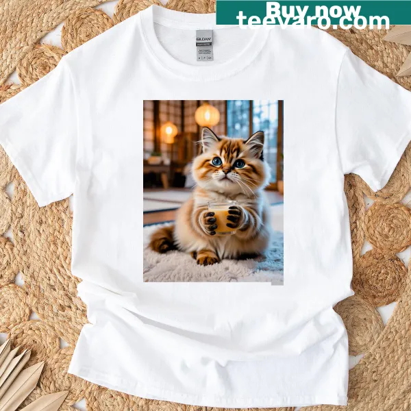 Cartoon cat enjoying boba tea on a playful T-shirt