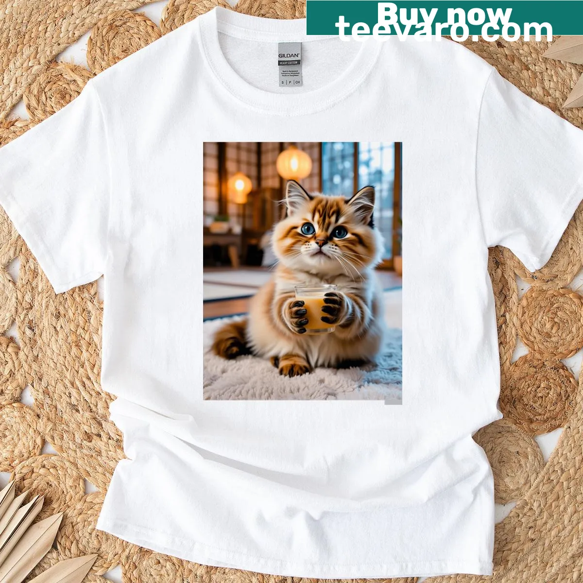 Cartoon cat enjoying boba tea on a playful T-shirt — on a men's t-shirt