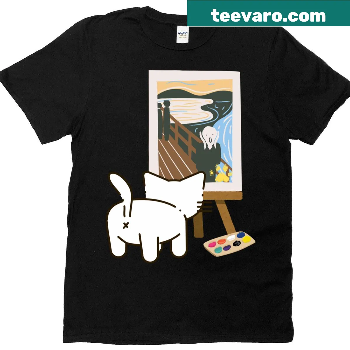 T-shirt featuring a cat inspired by 'The Scream' artwork — on a men's t-shirt