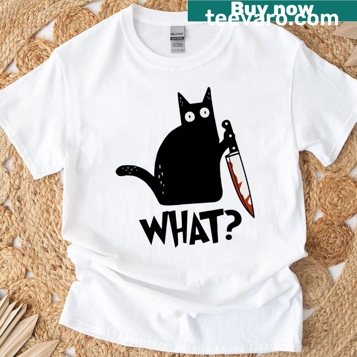 Black cat with a knife graphic on a humorous t-shirt — on a men's t-shirt