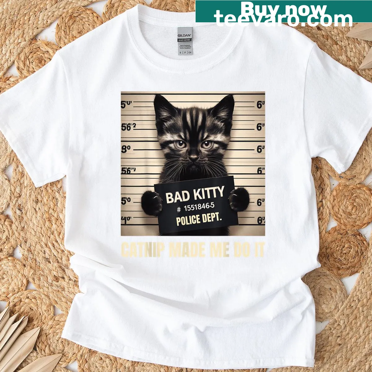 Mugshot-themed t-shirt with 'Catnip Made Me Do It' text — on a men's t-shirt