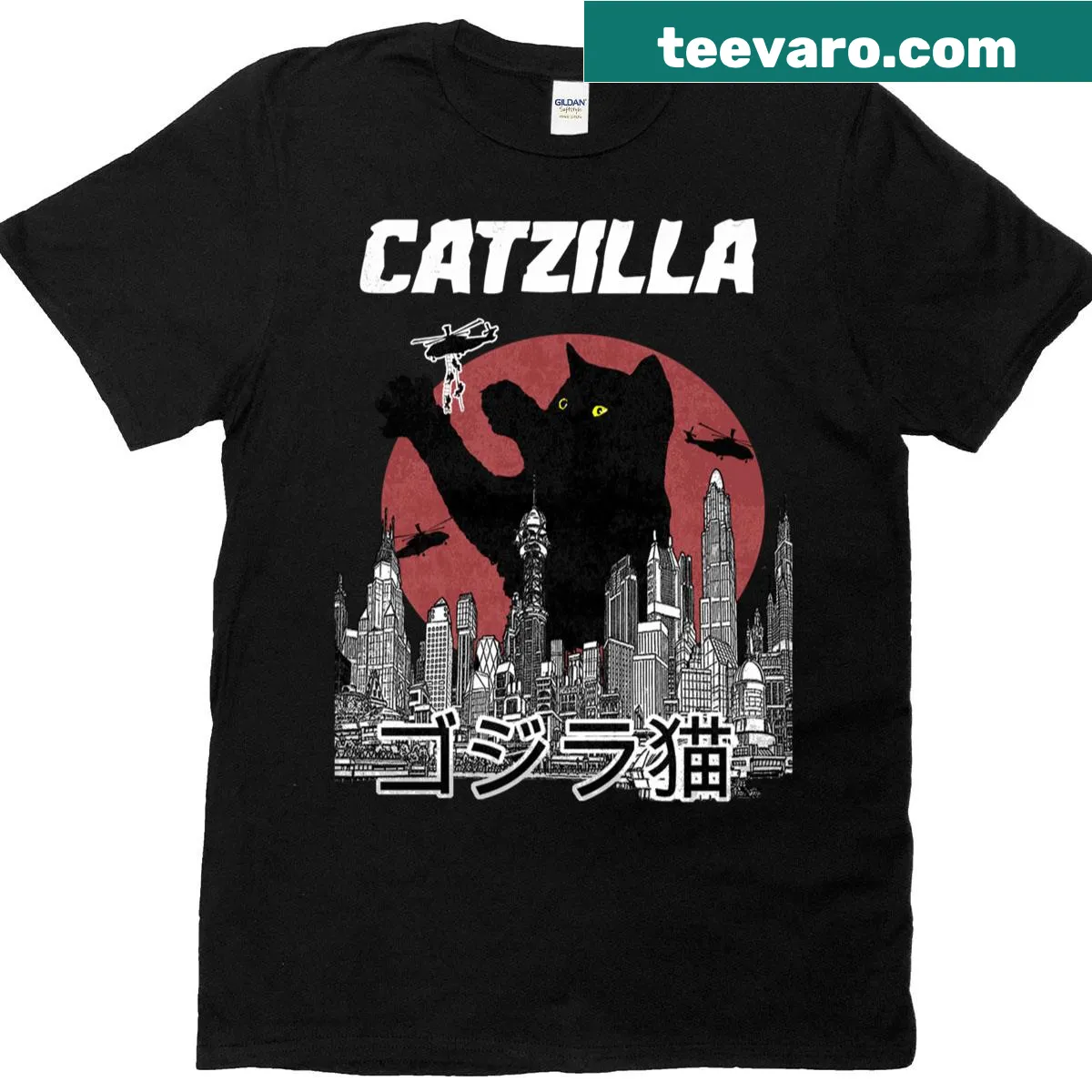 Vintage Catzilla t-shirt featuring a cat styled as a monster — on a men's t-shirt