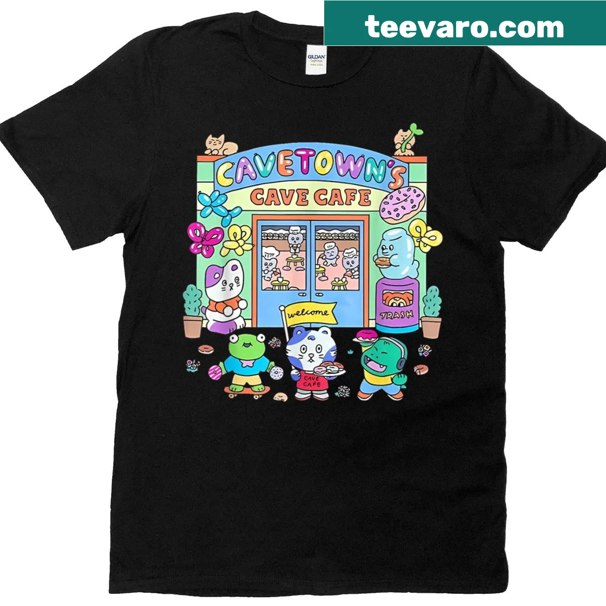 Illustrated Cavetown cave cafe design on T-shirt for music lovers — on a men's t-shirt