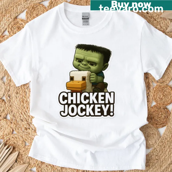 Cartoon chicken dressed as a jockey on a humorous t-shirt