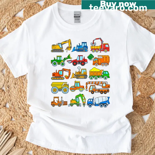 Illustration of construction vehicles on a t-shirt