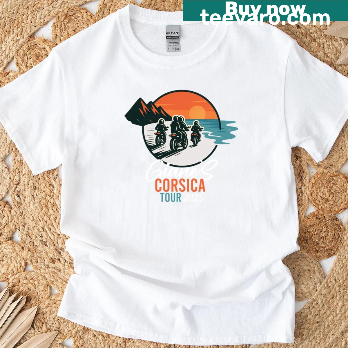 Illustrated design depicting highlights of Corsica for a 2025 tour. — on a men's t-shirt