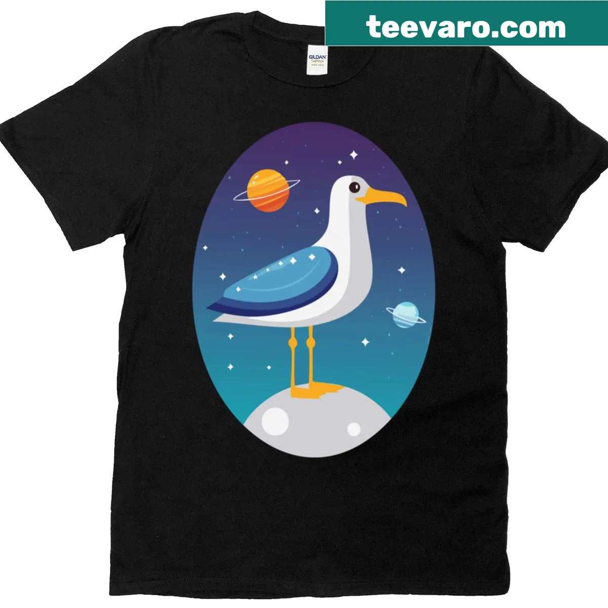 Whimsical T-shirt featuring a cosmic seagull in a circular graphic — on a men's t-shirt