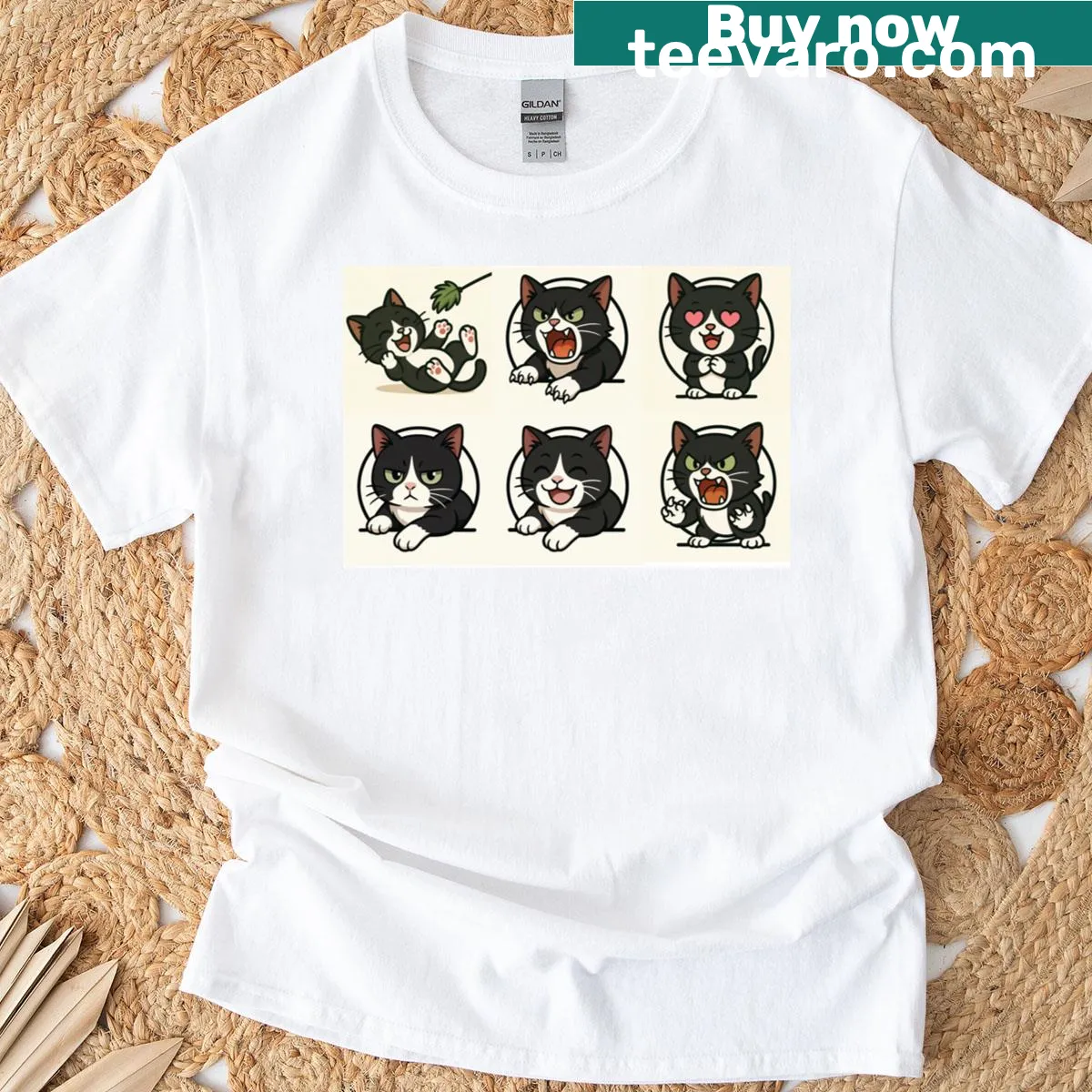 Cute black and white T-shirt featuring various cat expressions — on a men's t-shirt