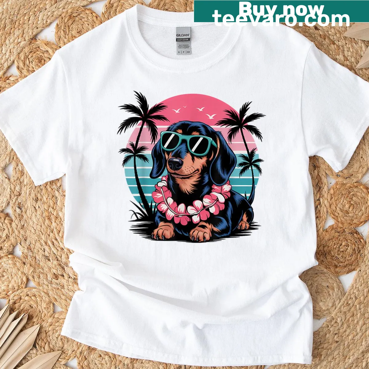 Dachshund graphic with a sunset in the background on a T-shirt — on a men's t-shirt
