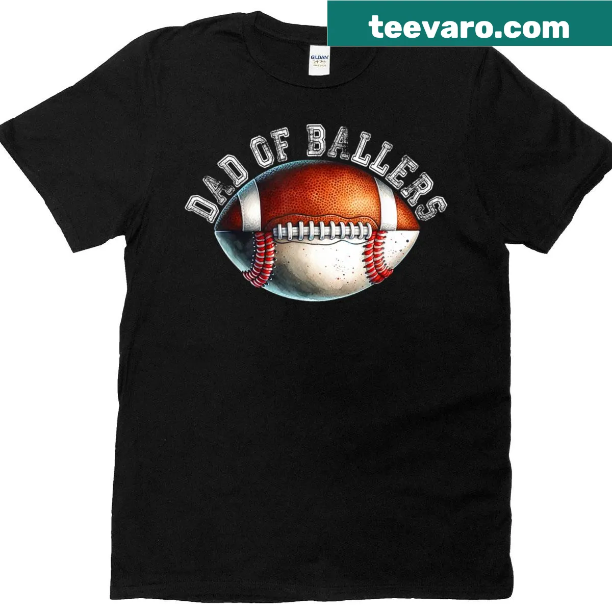 Dad Of Ballers T-shirt with football and baseball graphics — on a men's t-shirt