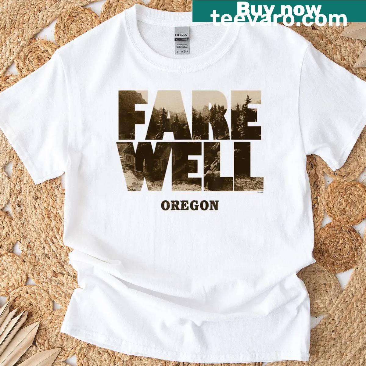 Oregon landscape illustration with a big chest logo on t-shirt — on a men's t-shirt