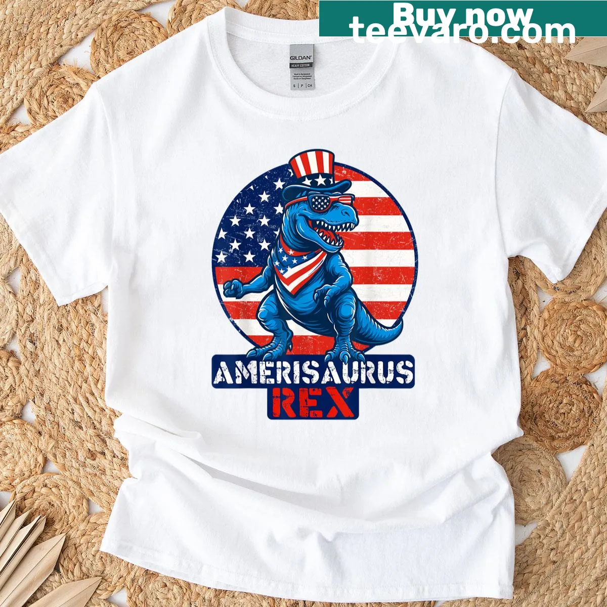 4th of July themed t-shirt featuring an Amerisaurus T-Rex graphic — on a men's t-shirt