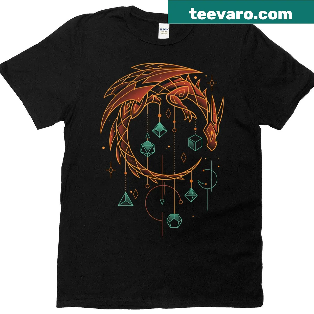 Illustration of a dragon and dice on a gaming T-shirt — on a men's t-shirt