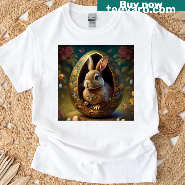 Easter Bunny inside a colorful egg illustration on a T-shirt