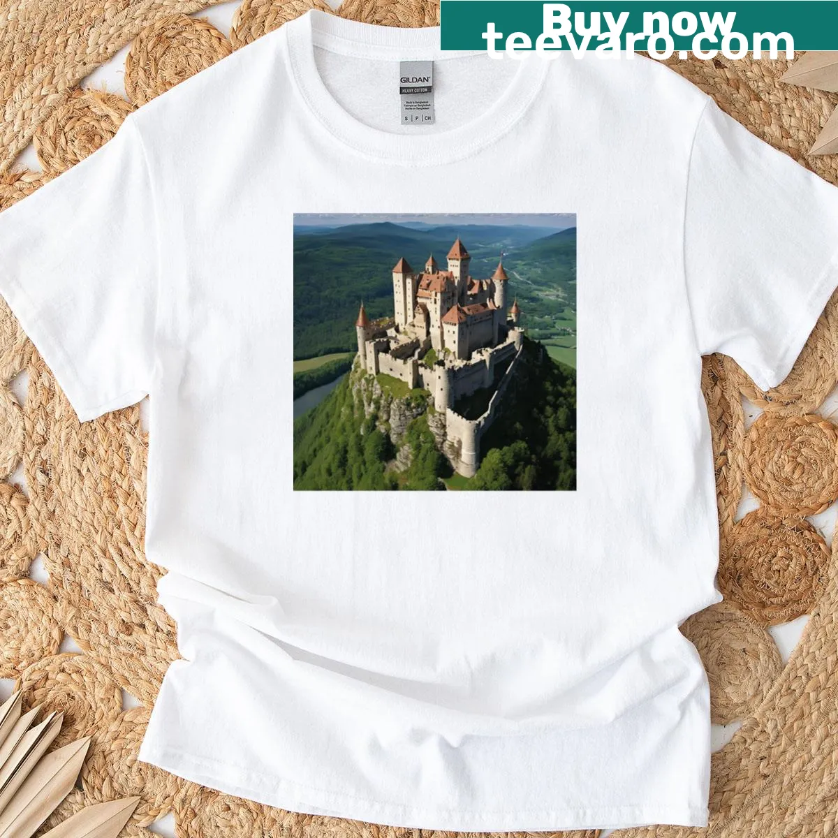 Aerial view illustration of a European medieval castle on a T-shirt — on a men's t-shirt
