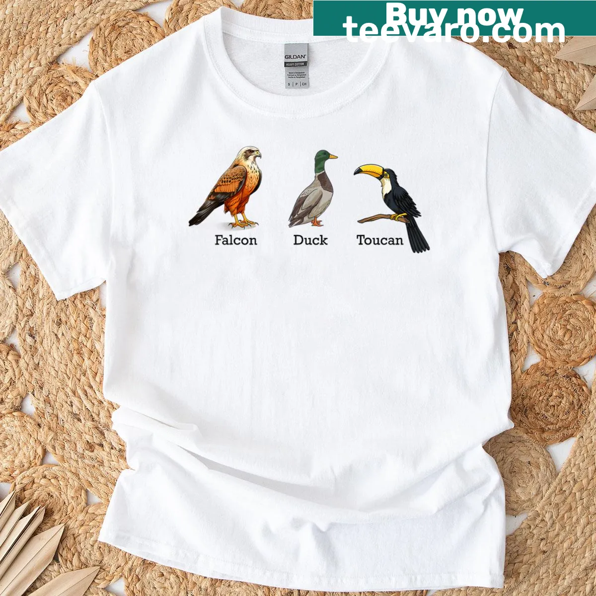 Whimsical bird graphic t-shirt with subtle political humor — on a men's t-shirt