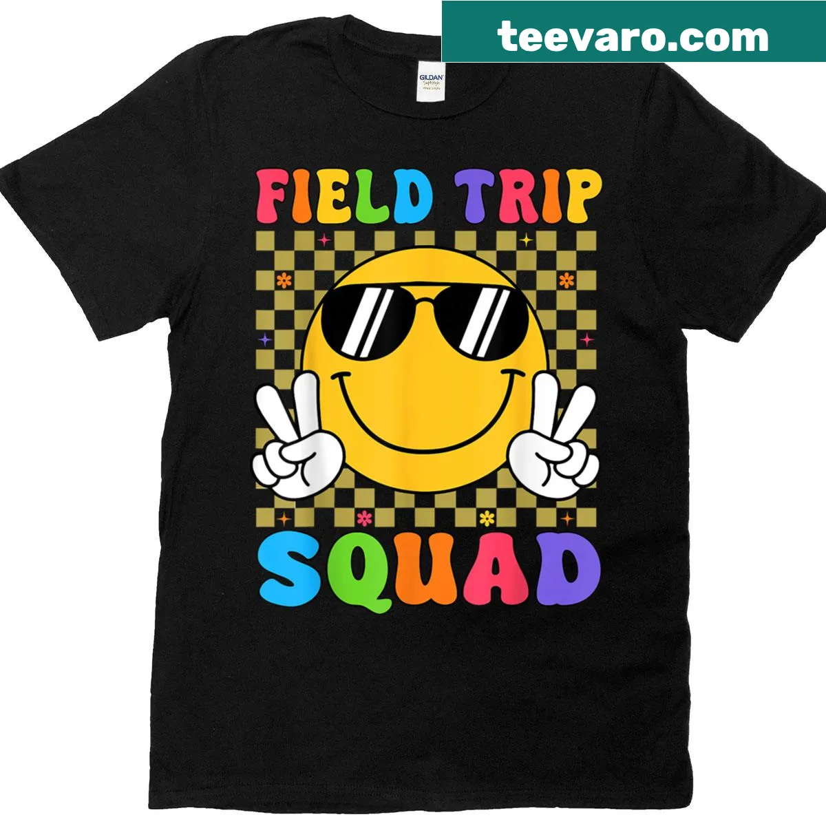 Retro-style 'Field Trip Squad' T-shirt with a smile graphic — on a men's t-shirt