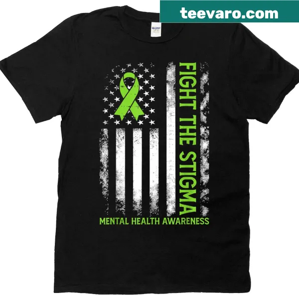 American flag themed T-shirt promoting mental health awareness with the phrase 'Fight Stigma Mental Health Matters'