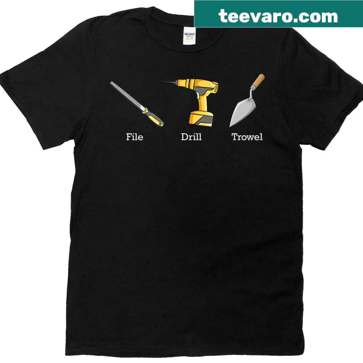 T-shirt featuring drill and trowel graphics with subtle anti-Trump message — on a men's t-shirt