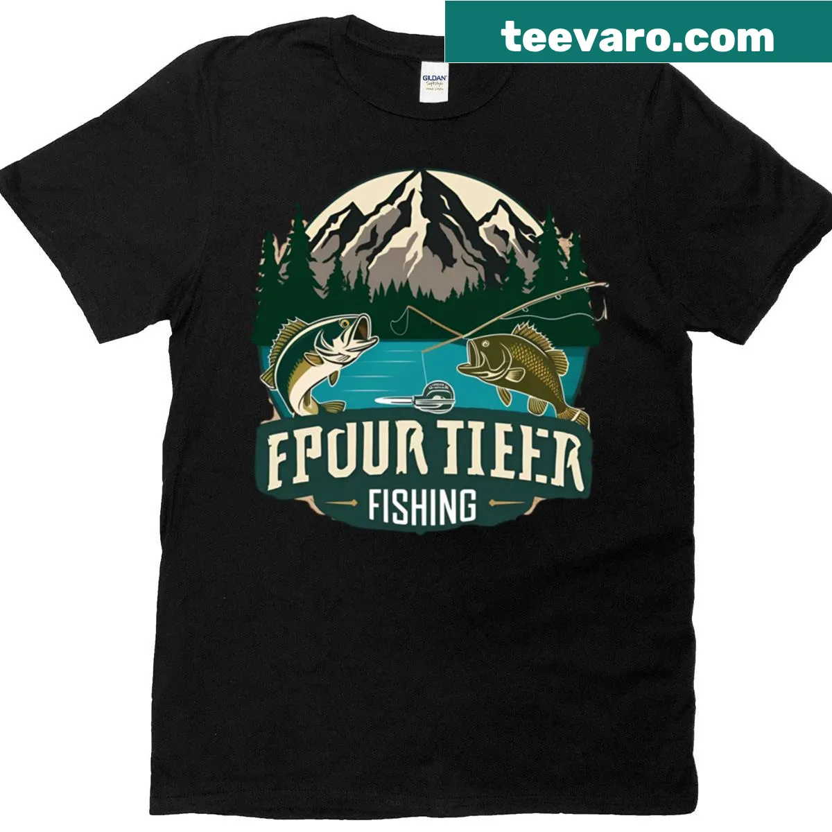 Nature-themed T-shirt with fishing and outdoor adventure graphics — on a men's t-shirt