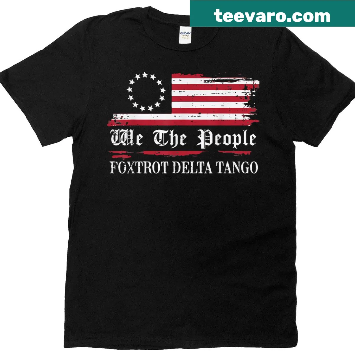 Patriotic t-shirt featuring 'We The People' with military phonetics — on a men's t-shirt