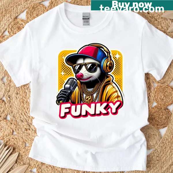 Cartoon opossum DJ graphic on a T-shirt