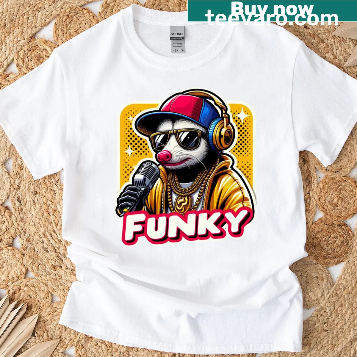 Cartoon opossum DJ graphic on a T-shirt — on a men's t-shirt