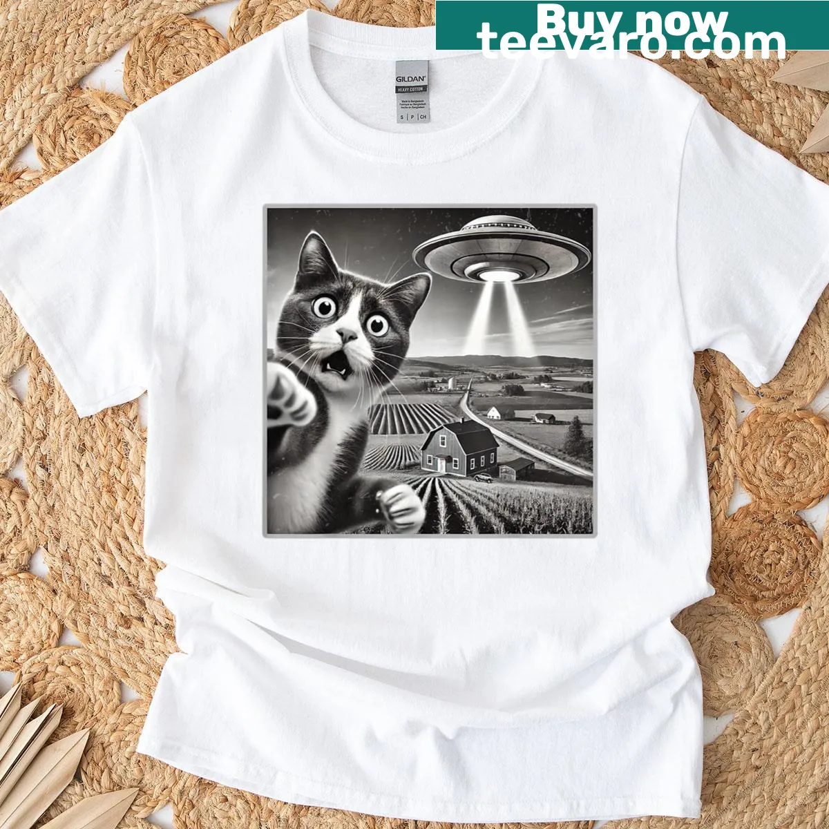 Humorous cat and alien selfie graphic t-shirt — on a men's t-shirt
