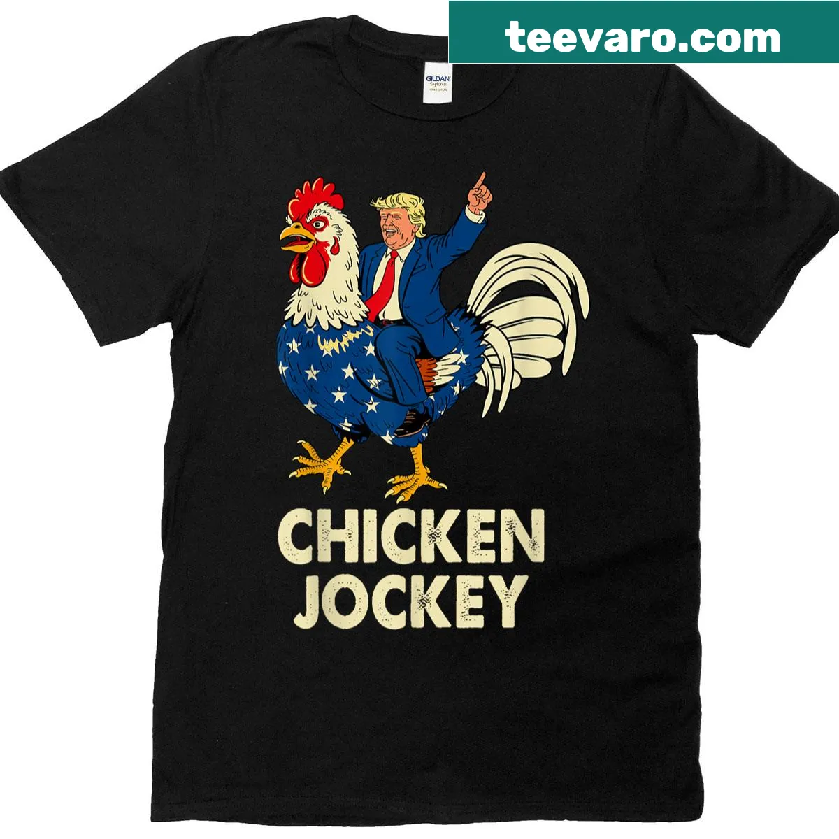 Humorous T-shirt featuring a chicken jockey meme design — on a men's t-shirt