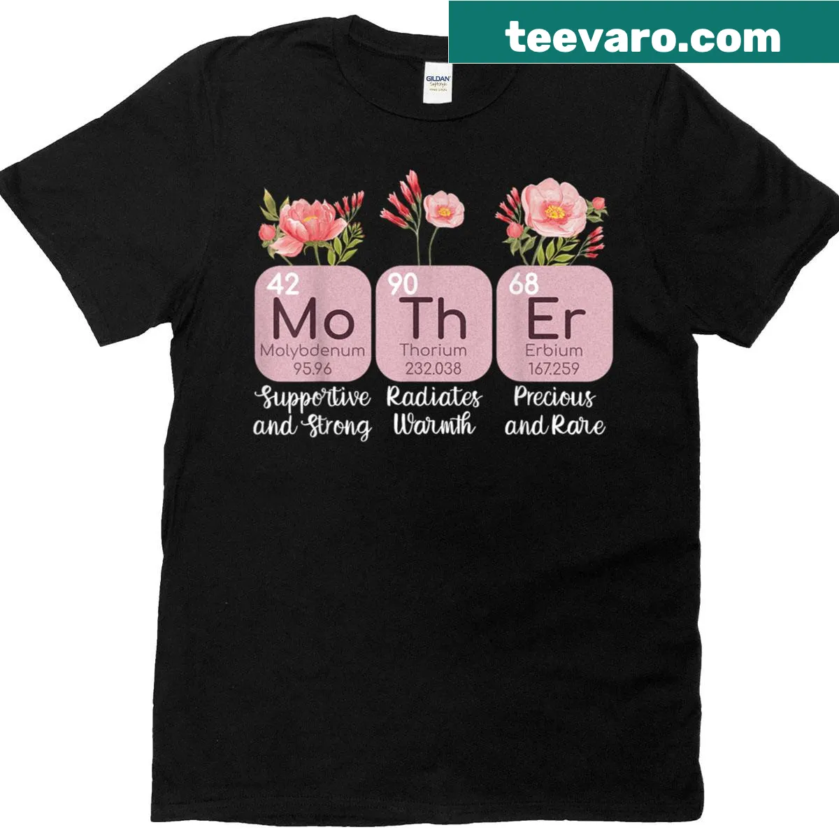 T-shirt with floral periodic table design for science-loving moms — on a men's t-shirt