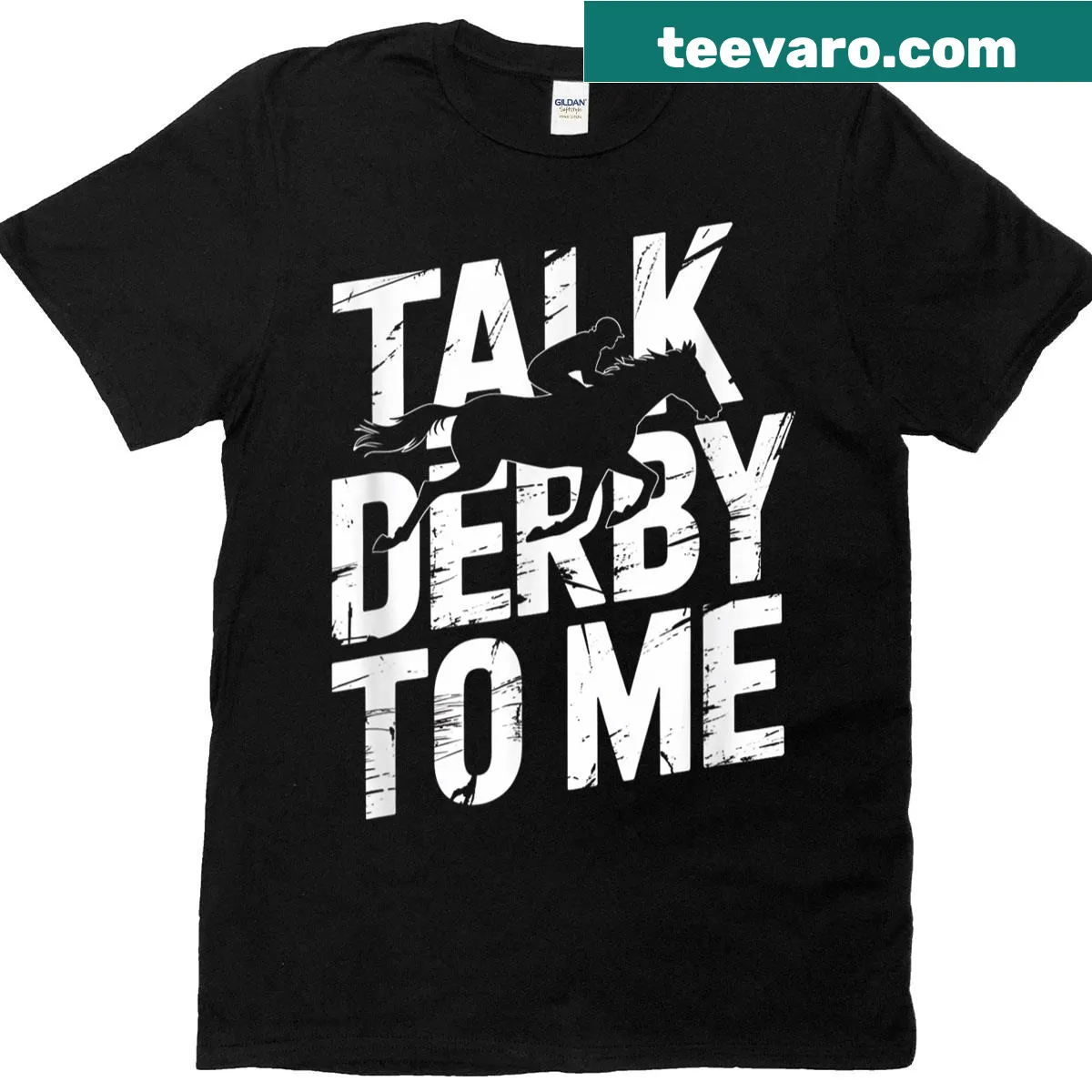 Humorous horse racing t-shirt with 'Talk Derby To Me' text. — on a men's t-shirt