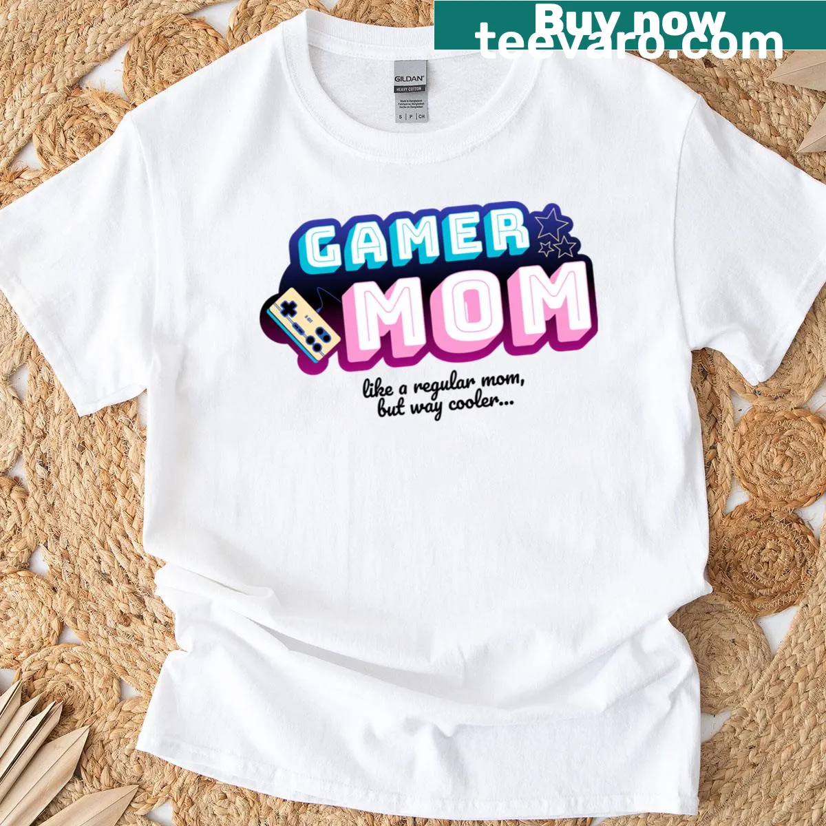 Funny Gamer Mom t-shirt with playful text design — on a men's t-shirt
